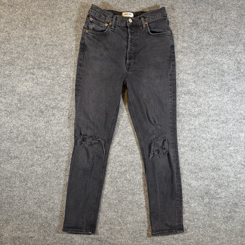 AGOLDE Nico High-Rise Slim Black Jeans 27 Women's Distressed Knee Button Fly